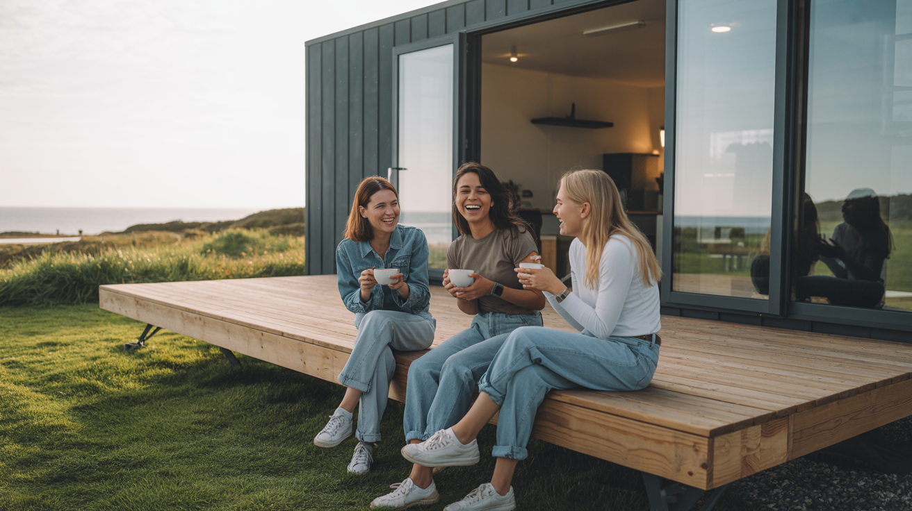Mitarbeiterinnen genießen Kaffee auf der Terrasse ihres Modulhauses